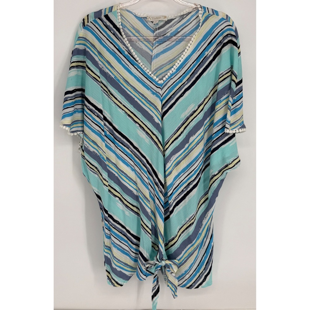 Weekend Suzanne Betro Womens Blue Striped Pom Pom‎ Tie Front Dolman Top Sz 1X